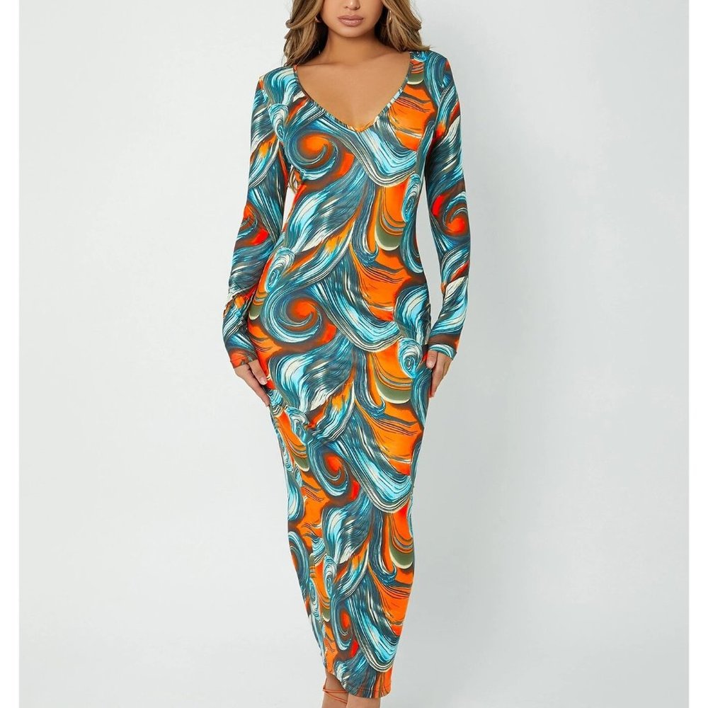 NEW!!  Sexy Scroll Print V Neck Bodycon Dress